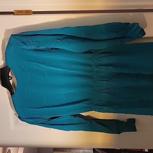 Dresses & Skirts - COPY - Maggie London Teal with Purple ticks Silk dress (imperfection on back wa…